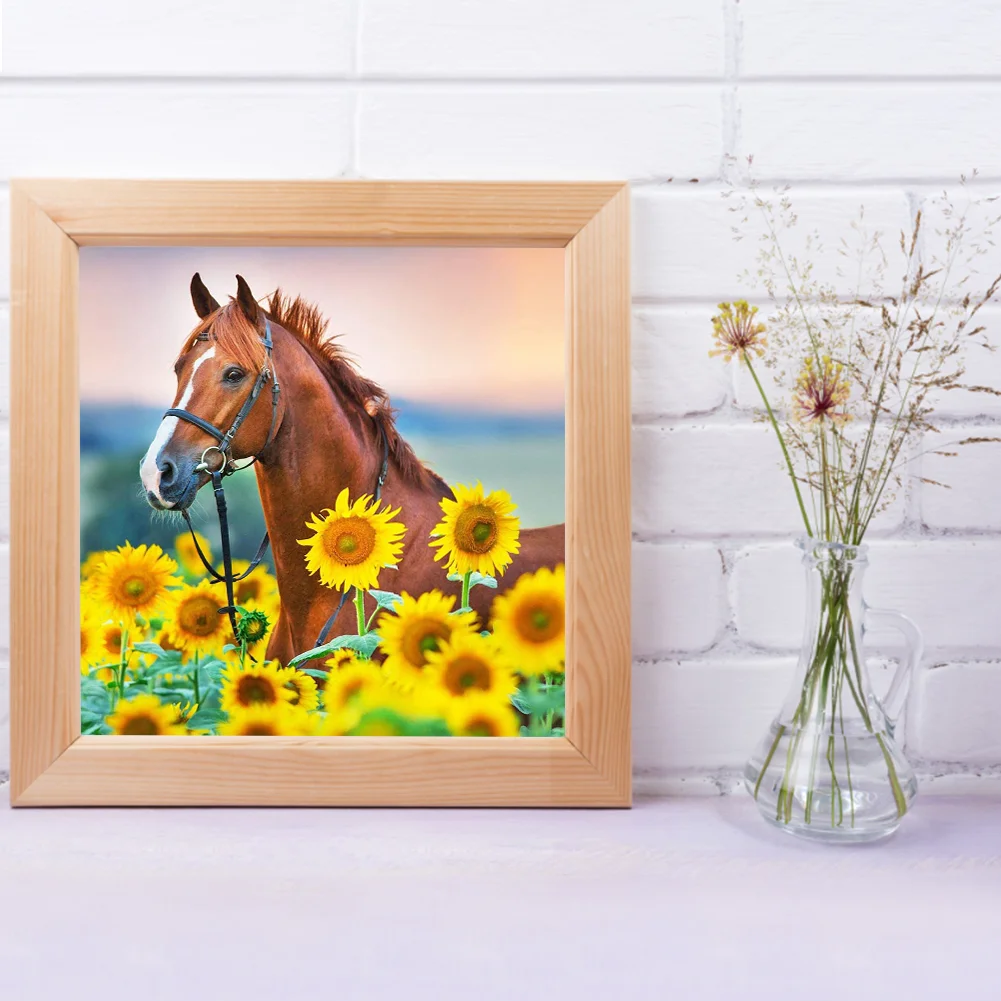 Full Square Diamond Painting 35*35cm - Red Horse In Sunflower Field