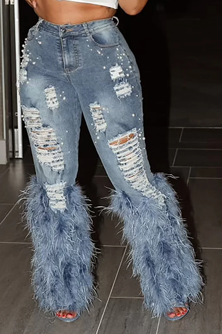 Plus Size Daily Jean Blue Feather Denim Ripped Jean 