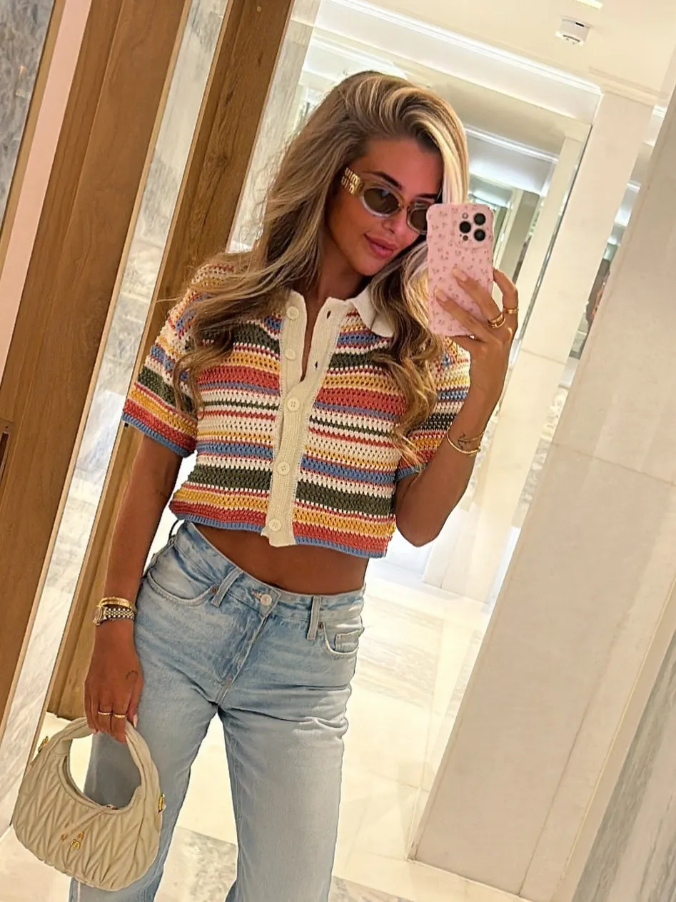 Nigikala Nigikala 2025 New Crochet POLO Shirt Knitted Knitted Blouse Shorts Set B62049
