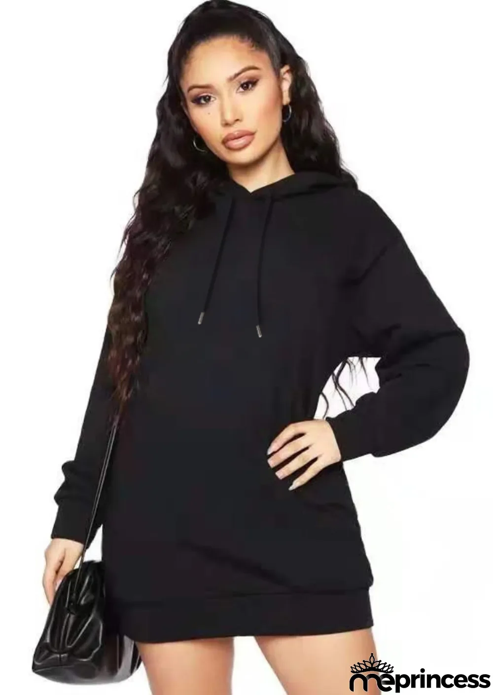 Winter Black Blank Hooded Long Sleeve Sweatshirt Dress