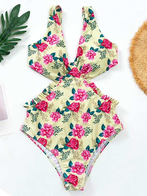 Monokini Deep V-Neck Backless Pleated One-Piece Swimwear