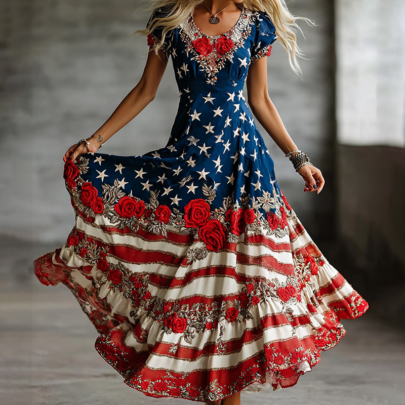  Vintage Floral And Flag Art Flowy Linen Maxi Dress Westsshops