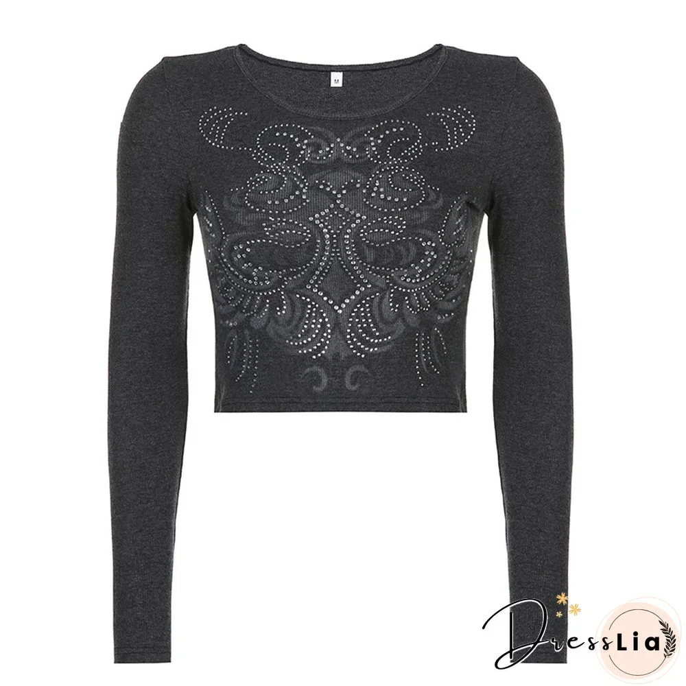 Retro Hot Rhinestone Print Long Sleeve Shirt