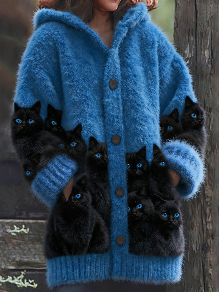 Classy Fuzzy Black Cats Cozy Knit Hooded Cardigan elevenforest