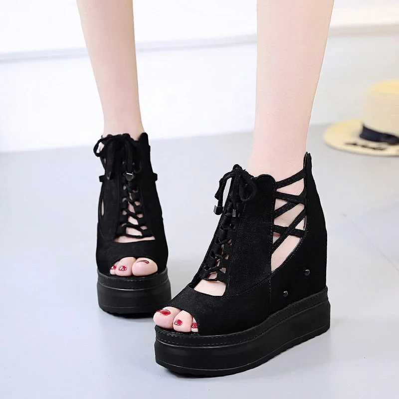 Summer Height Increasing Ankle Boots For Women Hollow Out Pep Toe Shoes Woman Fashion Cross Strap Chunky Platform Booties