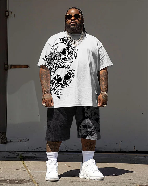 Men's Plus Size Street Hip Hop Rose Skull Print T-Shirt Shorts Suit