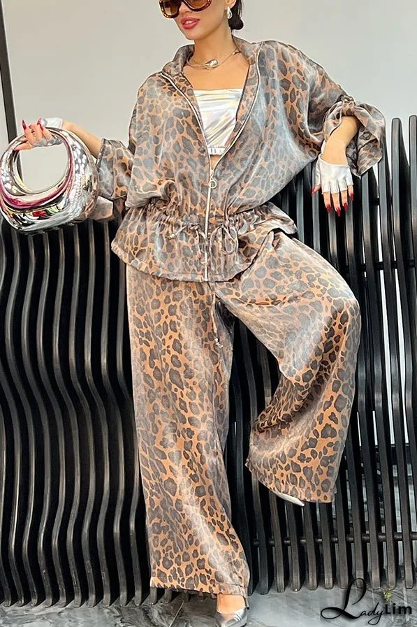 Leopard Print Drawstring Waist Zipper Jacket and Elastic Waist Pocket Loose Pants Set
