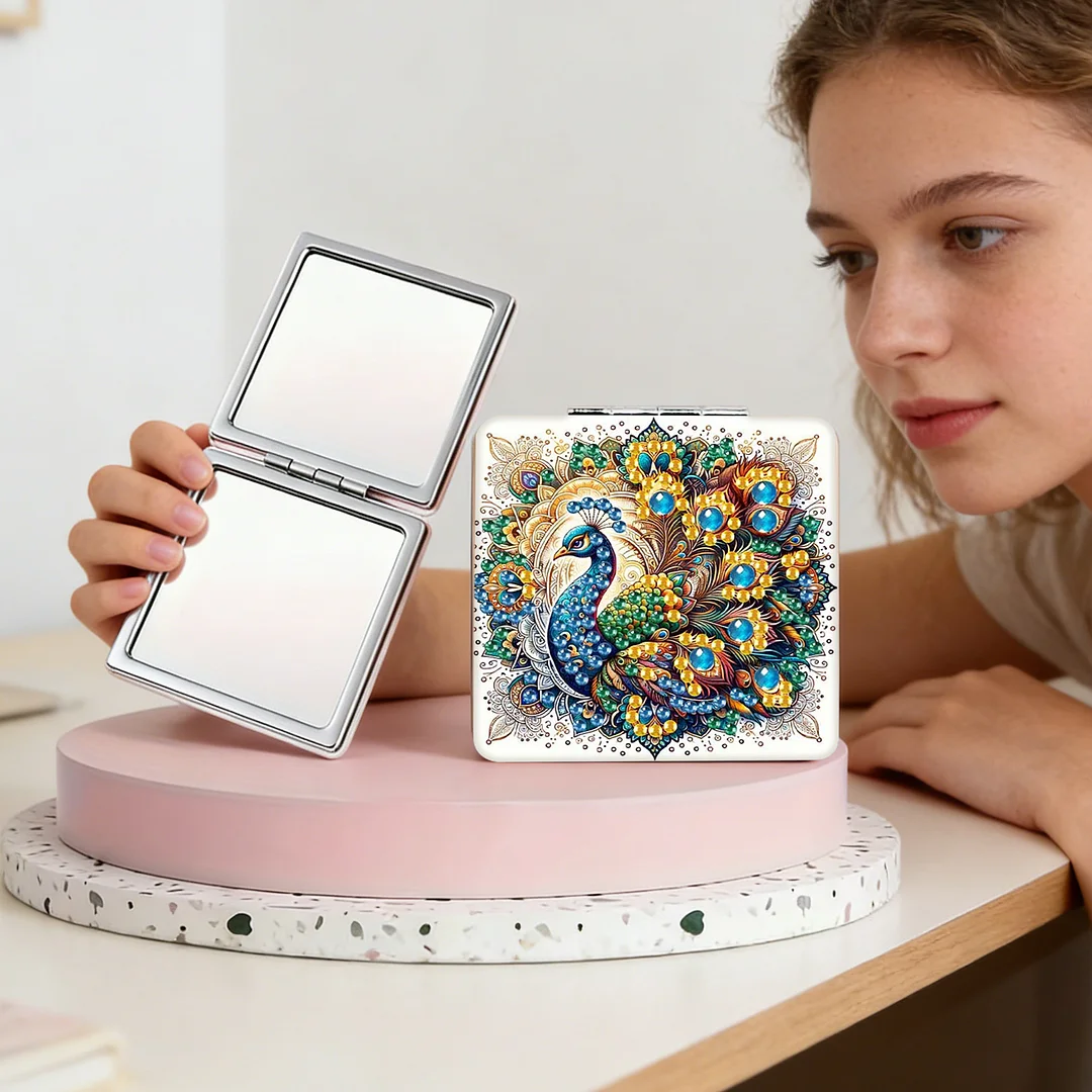 Yellow Peacock DIY Special Shaped Diamond Painting Compact Mirror Kits Diamond Art Painting Pocket Mirror for Adults and Beginners