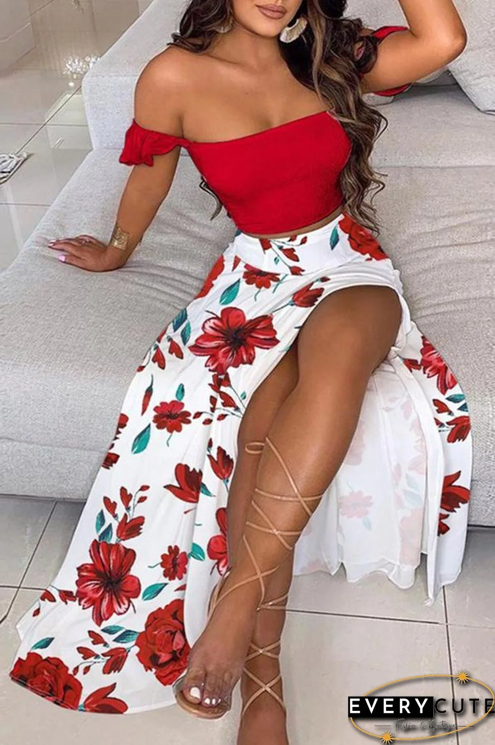 Off Shoulder Ombre Colorblock Top & High Slit Maxi Skirt Sets P13628