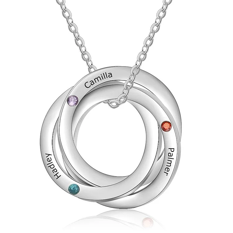 Russian Ring Necklace Engraved 3 Interlocking Rings Necklace Personalized Birthstone Mother Necklace