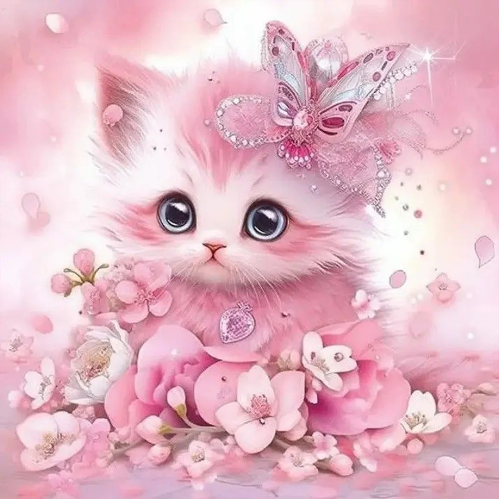 Diamond Painting - Full Round Drill - Pink Cute Cat(Canvas|30*30cm)