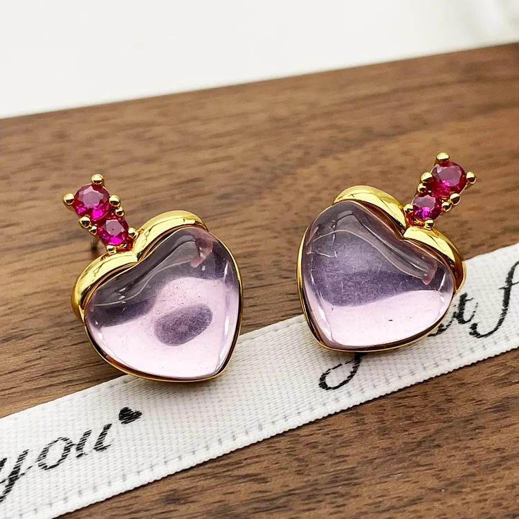 Versatile pink crystal glass heart earrings