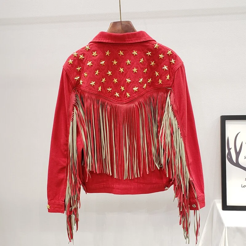 Denim Women Jacket 2021 Autumn New Spring Vintage Star Rivet Suede Fringe Loose Coat Long Sleeve Outerwear Female Boho Jacket