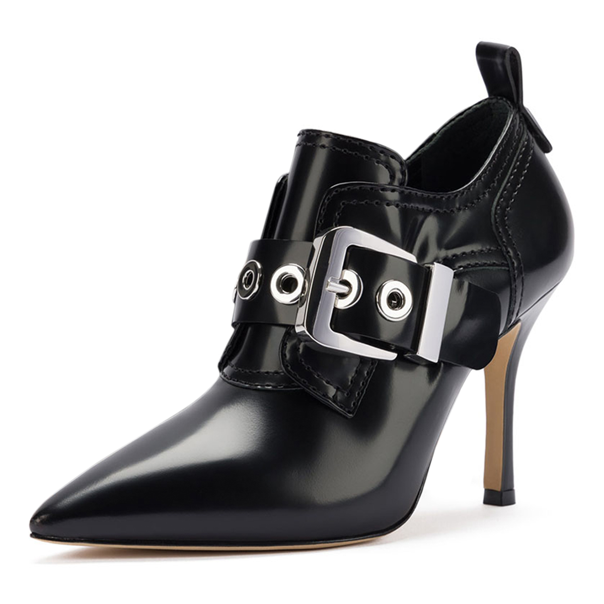 Metal Buckle Strap Pointed Toe Stiletto Heeled Ankle Boots in Black Nicepairs