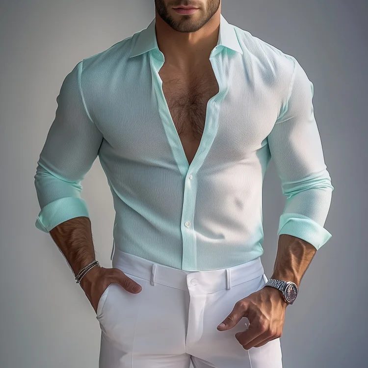 Okaywear Solid Turndown Collar Long Sleeve Button Shirt 