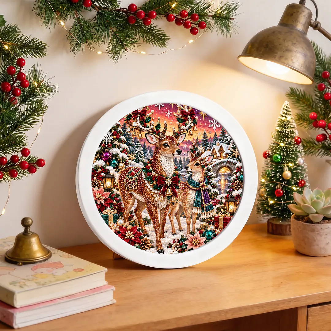 Framed 5D Diamond Painting Kit Holiday Deer Round 7.87x7.87in