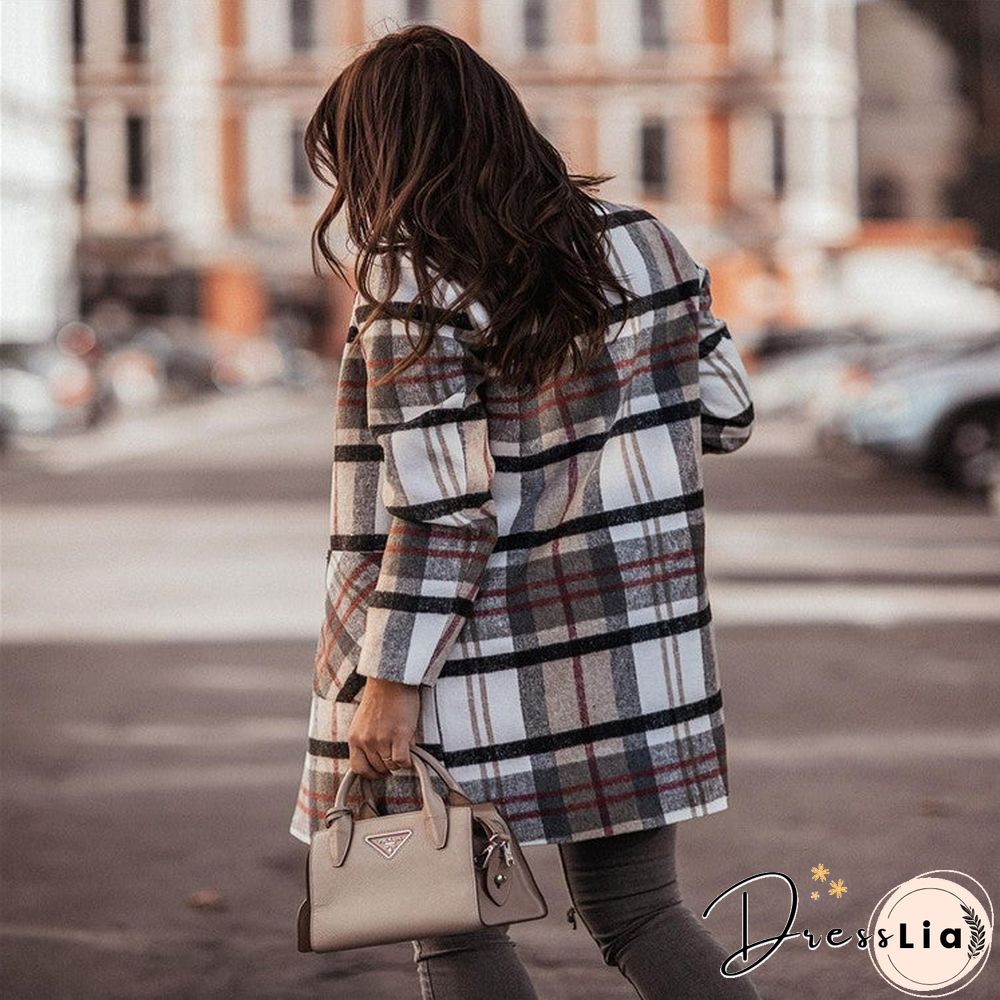 Casual Loose Plaid Woolen Cardigan Coat
