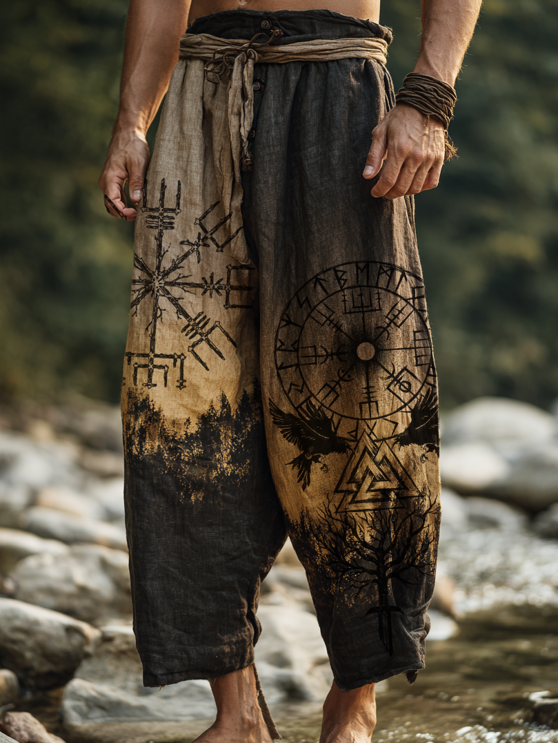 Men's Viking Yggdrasill Gradient Tribal Totem Nordic Casual Linen Pants / Rvogue / Rvogue