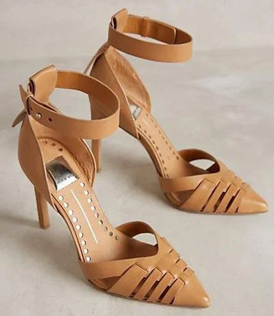 Pointed toe ankle strap Tan color stiletto women's shoes Vdcoo