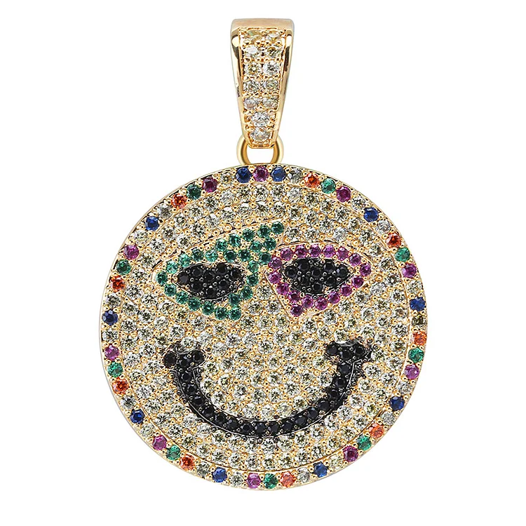 Iced Out Funny Smiley Face Pendant Colorful Zircon Necklace Hip Hop Jewelry-VESSFUL