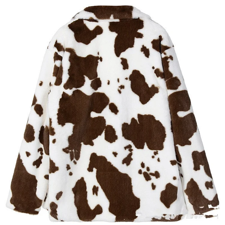 Y2k Lapel Cow Printed Long Sleeve Thick Warm Faux Fur Coat