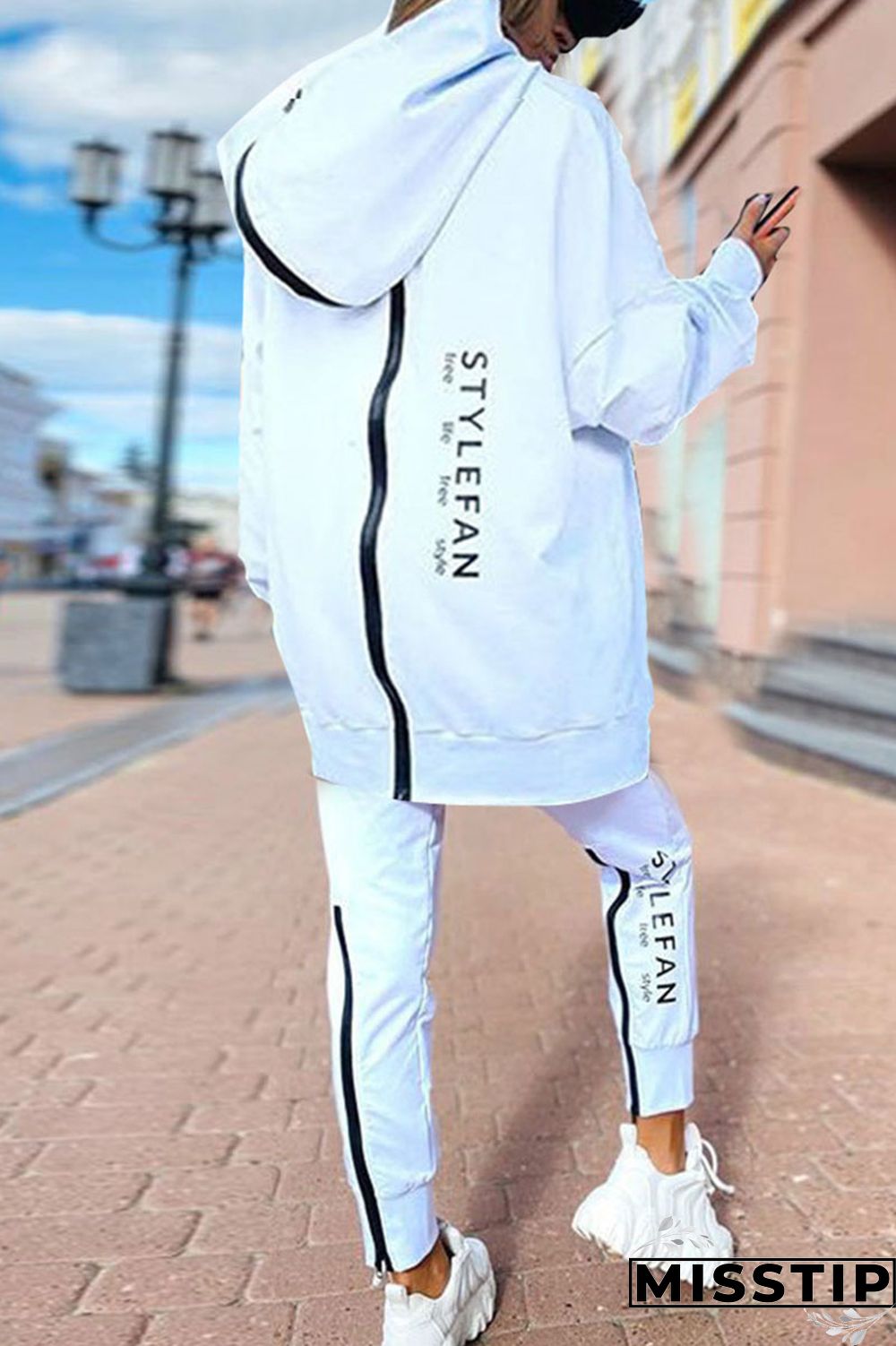 Black Casual Street Print Patchwork Zipper Hooded Collar Long Sleeve Two Pieces