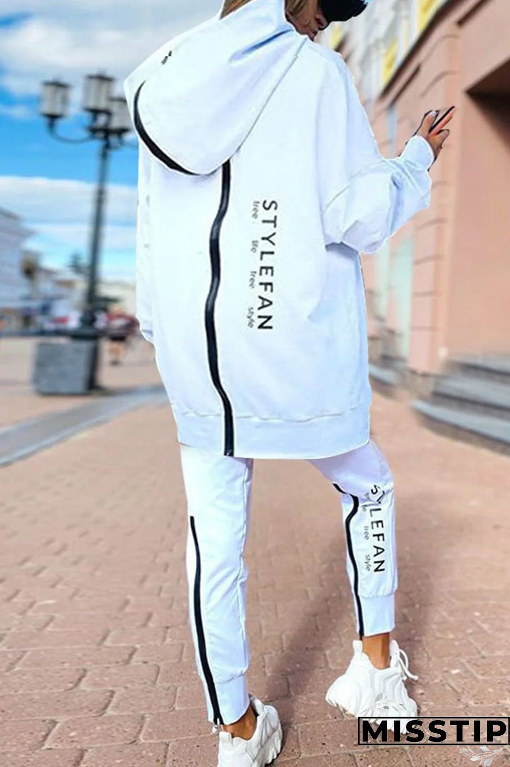 White Casual Street Print Patchwork Zipper Hooded Collar Long Sleeve Two Pieces