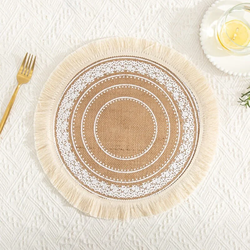 INS Jute Round Placemats Boho Tassels Table Mats Heat Insulation Pads Coffee Cup Mat Rustic Farmhouse Kitchen Decor Photo Props