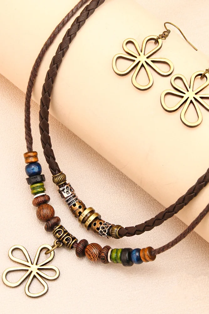 Boho Flower Beaded Necklace And Earrings Set