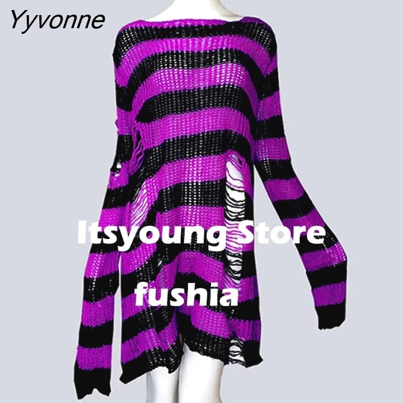 Yyvonne Size Punk Gothic Long Unisex Sweater Dress Cool Hollow Out Hole Broken Jumper Loose Rock Thin Sweter 2023 Women Man Striped 305-0
