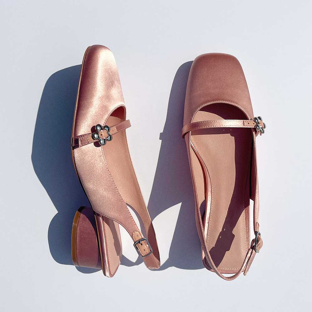 Pink Satin Square Toe Chunky Heel Buckle Slingback Pumps Nicepairs