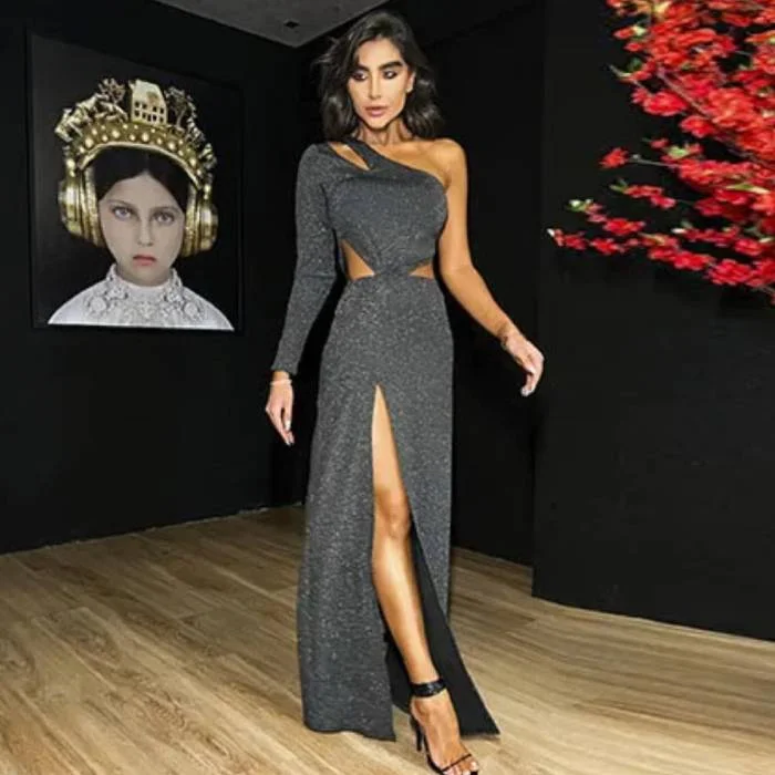 Oblique Shoulder  Sexy Cut Out Slit Maxi Dress