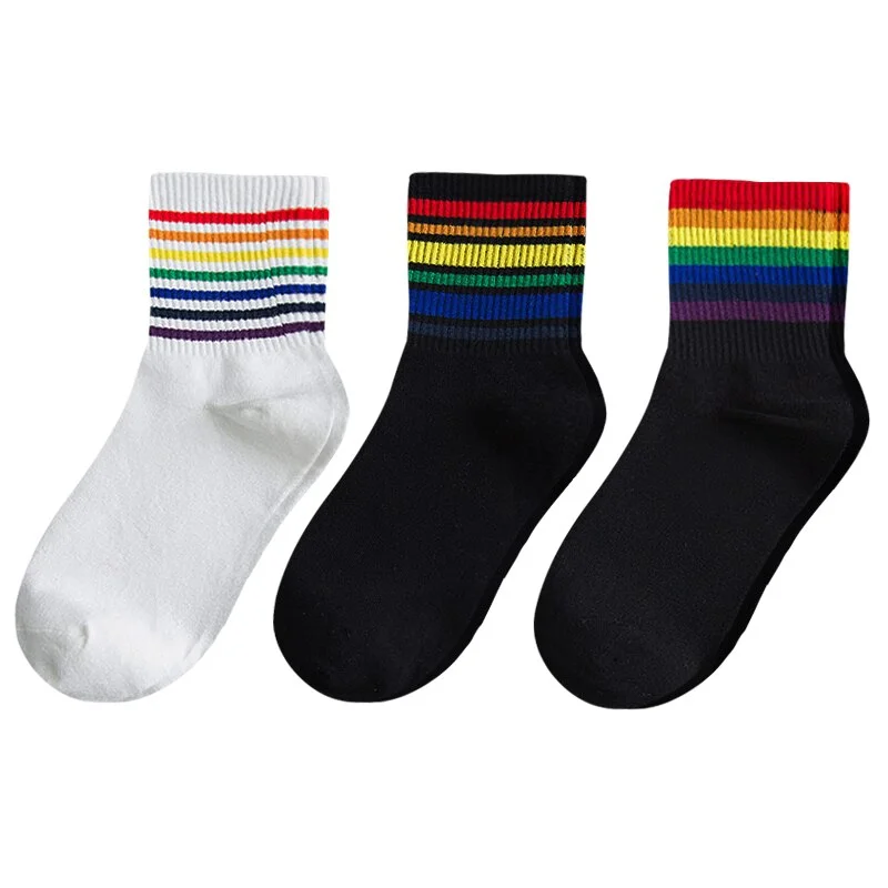 3 Pairs Fashion Women's Socks Cotton Unisex Rainbow Color Women Funny 100 Cotton Harajuku Designer Striped Standard Length Sock