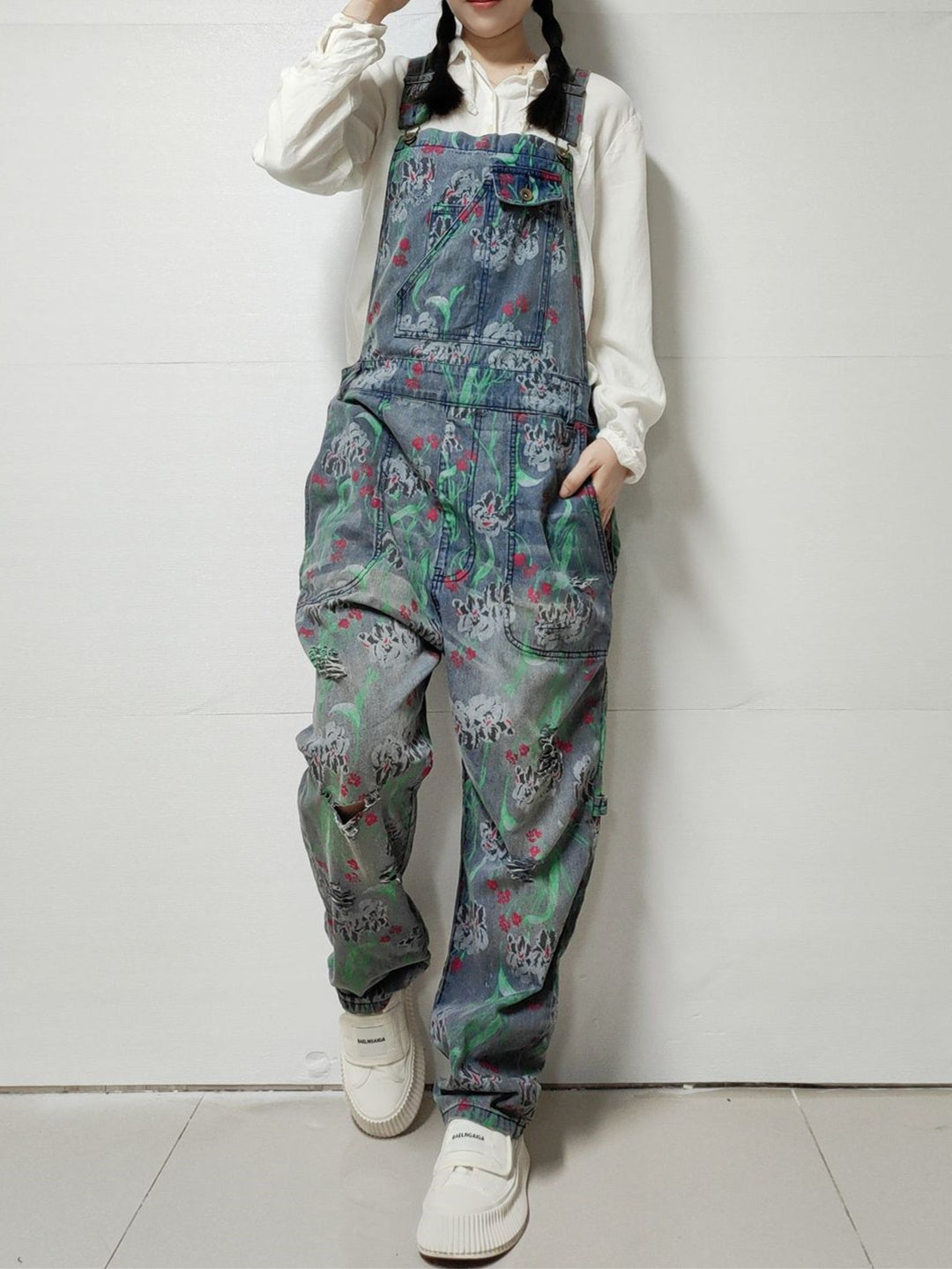 Women's Floral Printed Gradient Casual Retro Wide-leg Workwear Denim Overalls Jumpsuit