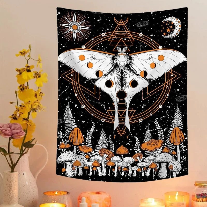 Moon Phase Tapestry Flower Moth Wall Hanging Mushroom Mandala Tapestries Bedroom Decor Bedspread Throw Cover Sun Moon Wall Decor