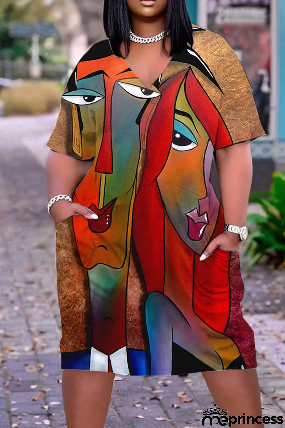 Red Casual Street Print Patchwork V Neck Straight Dresses