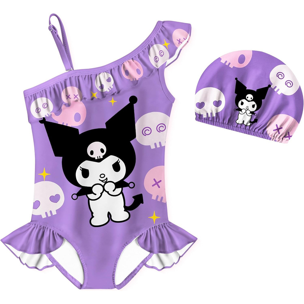 Kuromi Girls' One-Piece Swimsuit and Swim Cap Set - Adorable and Fun Swimwear for Little Fans -Mayoulove