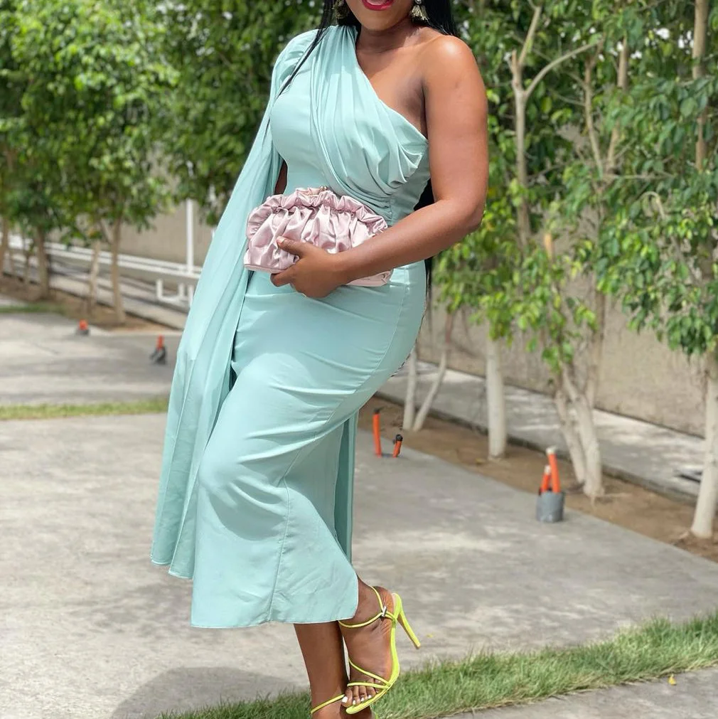 Shawl One Shoulder Pleated Party Dress - Light Blue