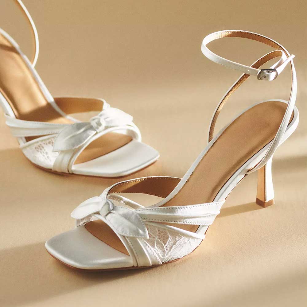 White Flared Heel Square Toe Ankle Strap Bow Wedding Sandals Nicepairs