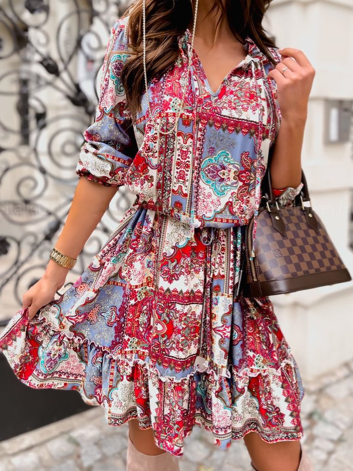 Women's Long Sleeve V-neck Floral Printed Lace-up Midi Dress