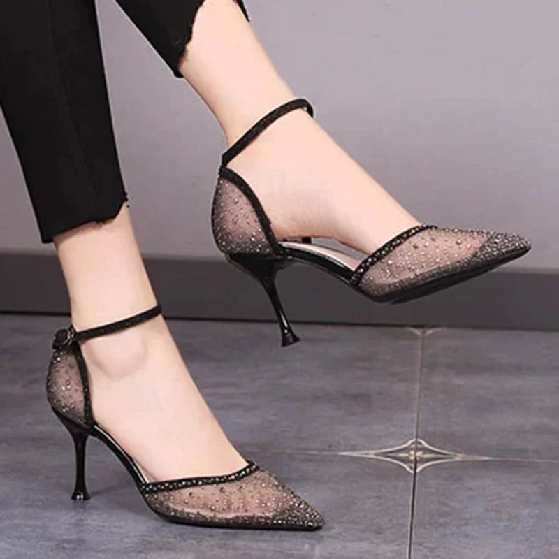 Sexy Ankle Strap Pumps For Women 2022 Summer Black Mesh Stiletto High Heels Shoes Woman Pointed Toe Crystal Party Shoes
