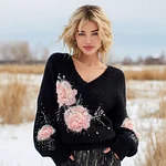 Bohemian Style Floral Embroidery Women's V-neck Knitted Sweater - Image 2