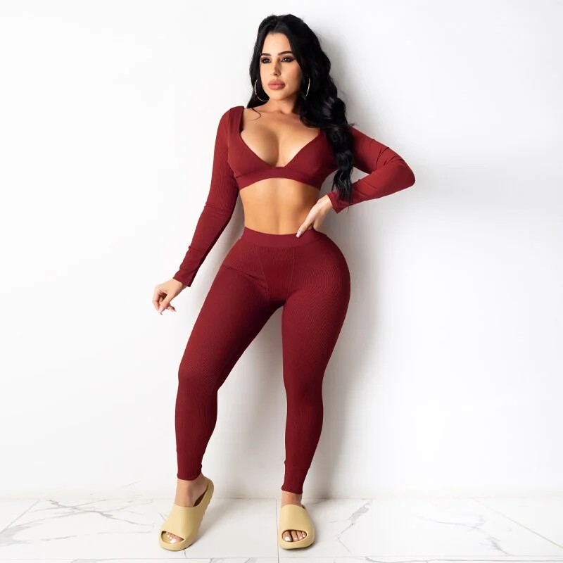 Hugcitar 2020 Long Sleeve Solid V-Neck Backless Skinny Tshirt Leggings 2 Piece Set Autumn Winter Women Sexy Streetwear Tracksuit