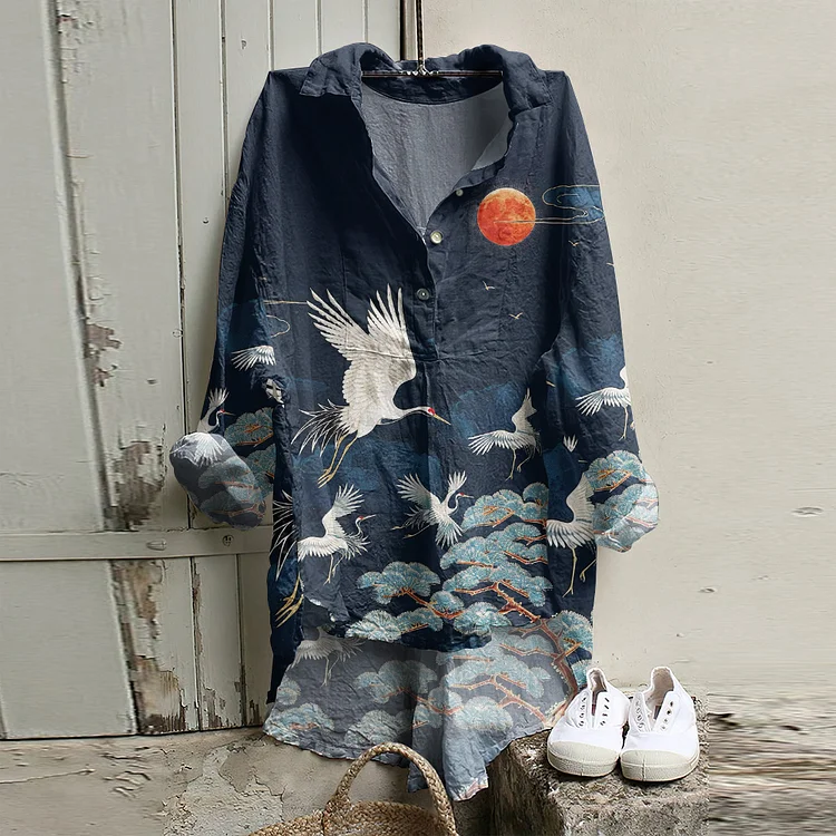 Japanese Art Crane Print Long Sleeve Casual Shirt