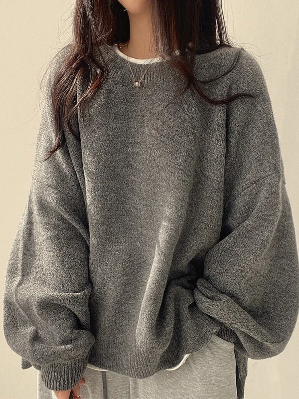 Brownm plain oversize sweater with slit hem