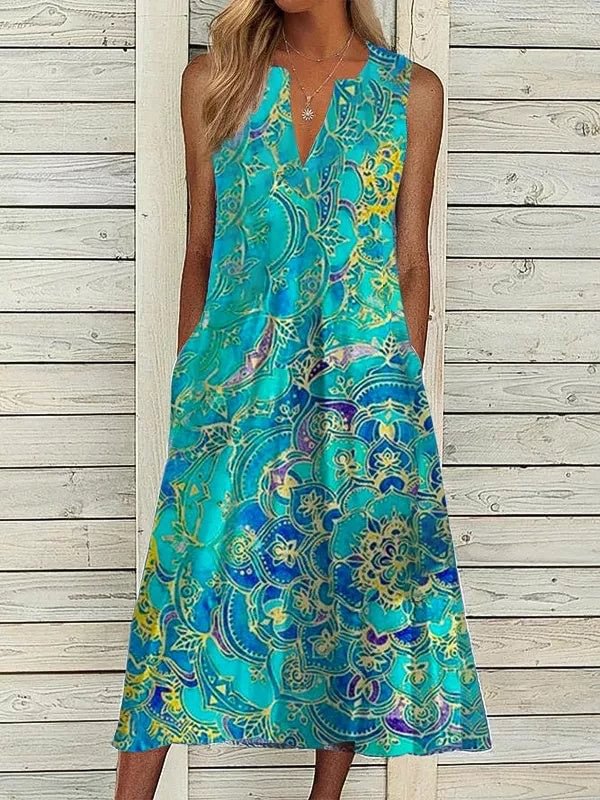 Elegant Print Sleeveless Midi Calf Dress