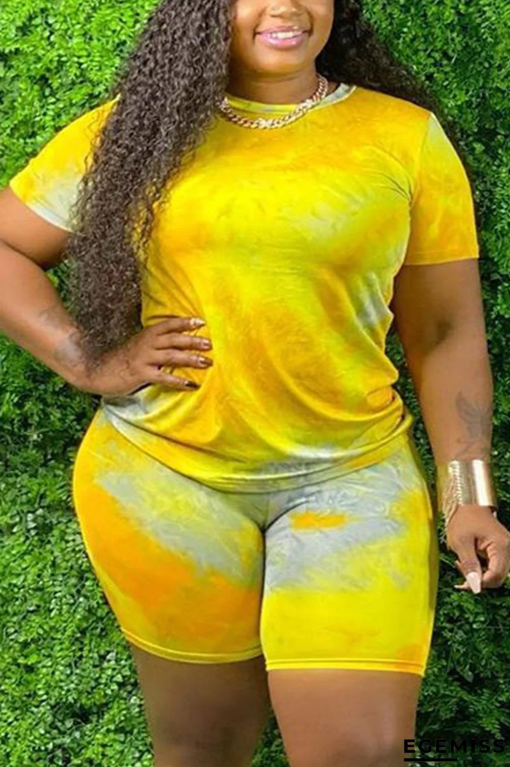Yellow Fashion Sexy adult Ma'am Tie Dye Two Piece Suits Straight Short Sleeve Two Pieces | EGEMISS