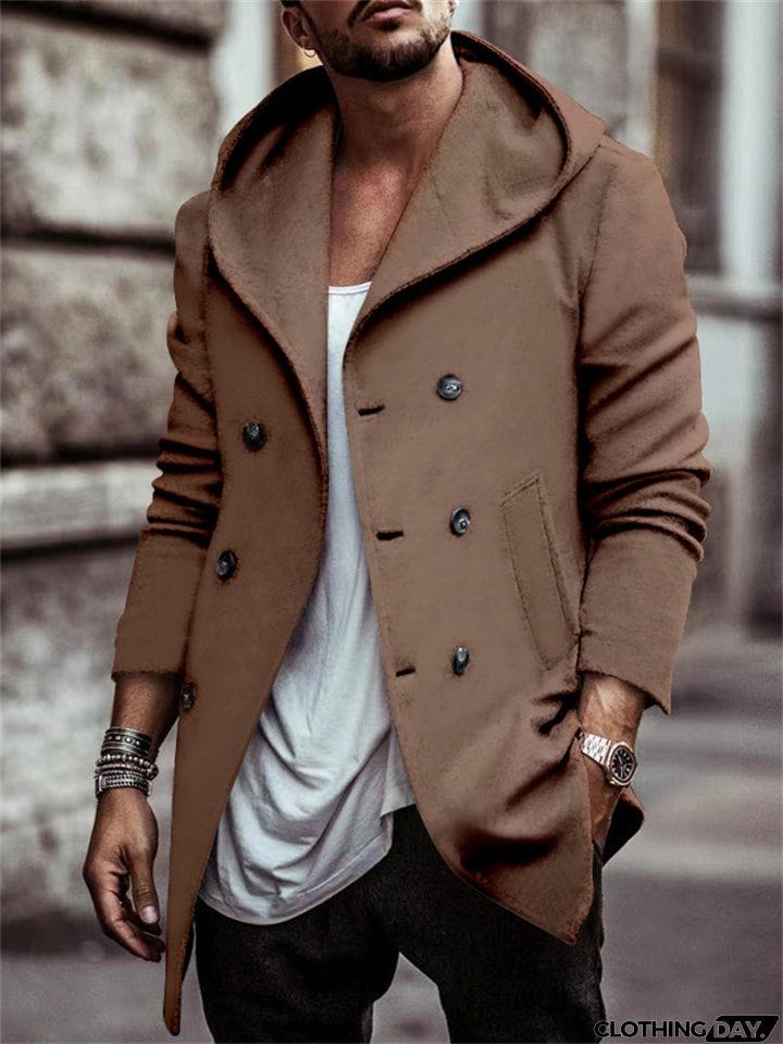 Men's Trendy Double-Breasted Hooded Casual Woolen Coat