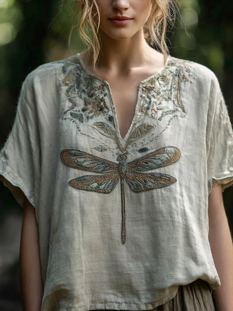 Bohemian Style Plant And Flower Three-dimensional Embroidery Vintage V-neck Short-sleeved Shirt