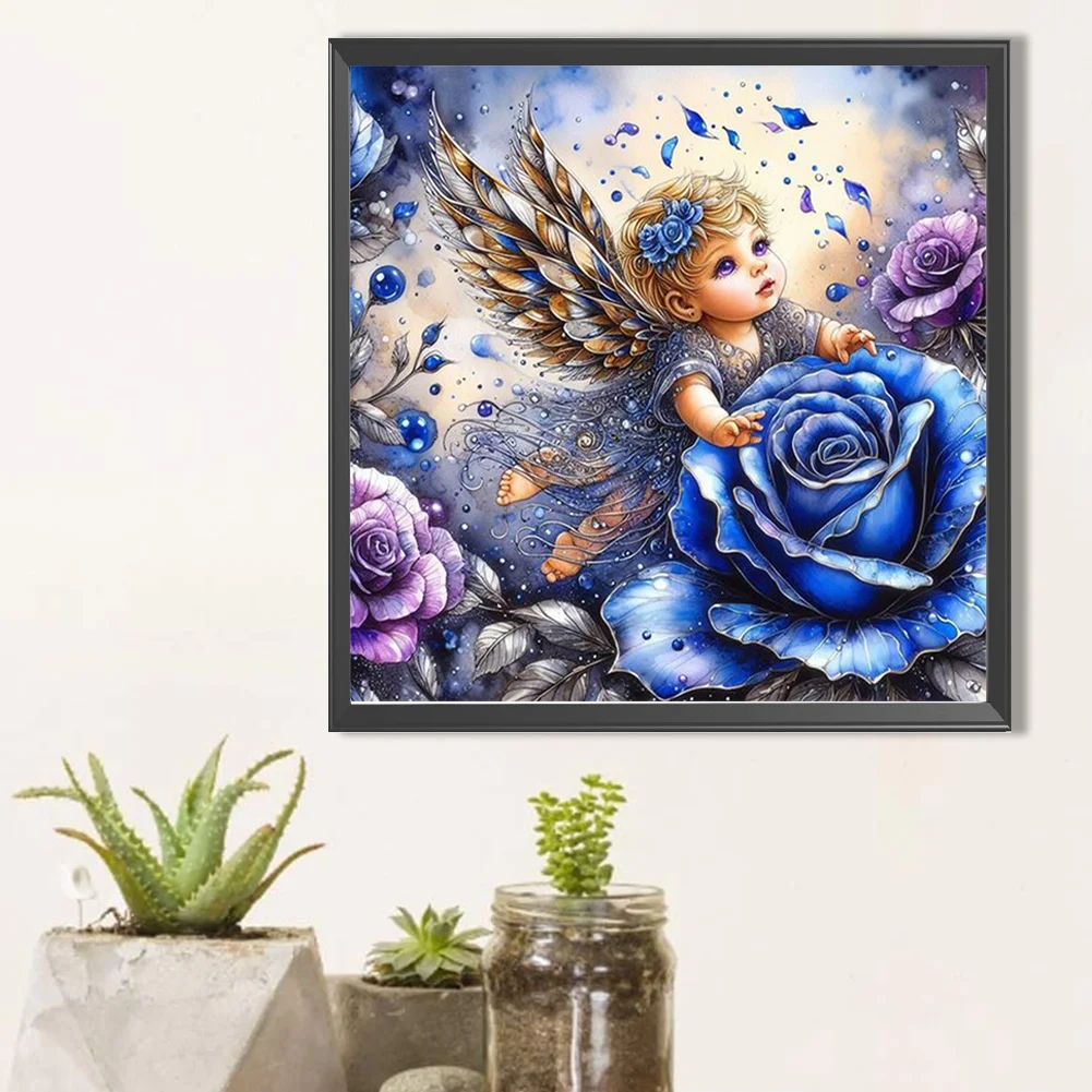 5D DIY Full Round Drill Partial AB Diamond Painting Angel Blue Rose Kit 45x45cm